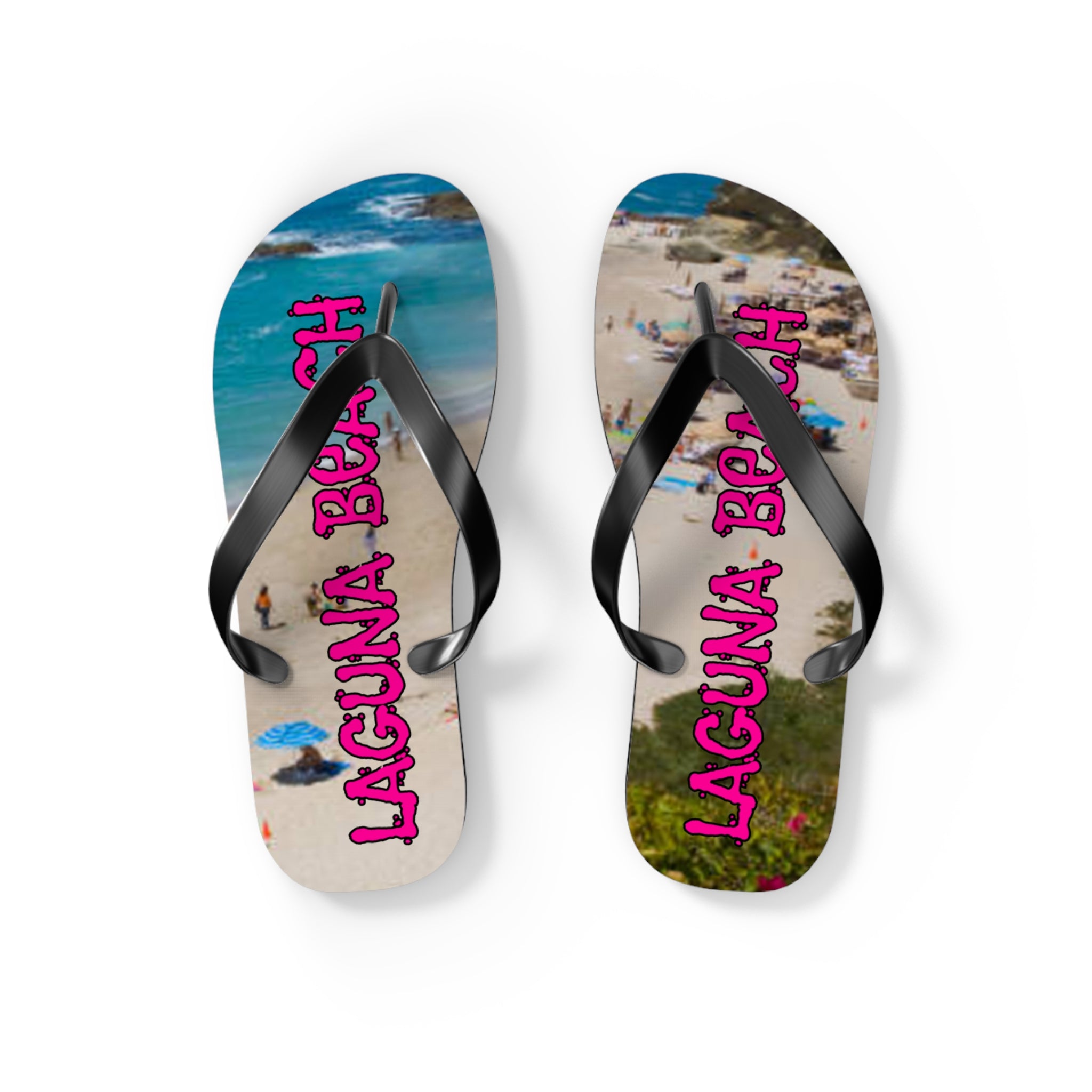 Laguna Beach flip-flops with a beach scene and text.
