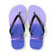 Lavender flip-flops with ocean scene on soles, isolated on white.