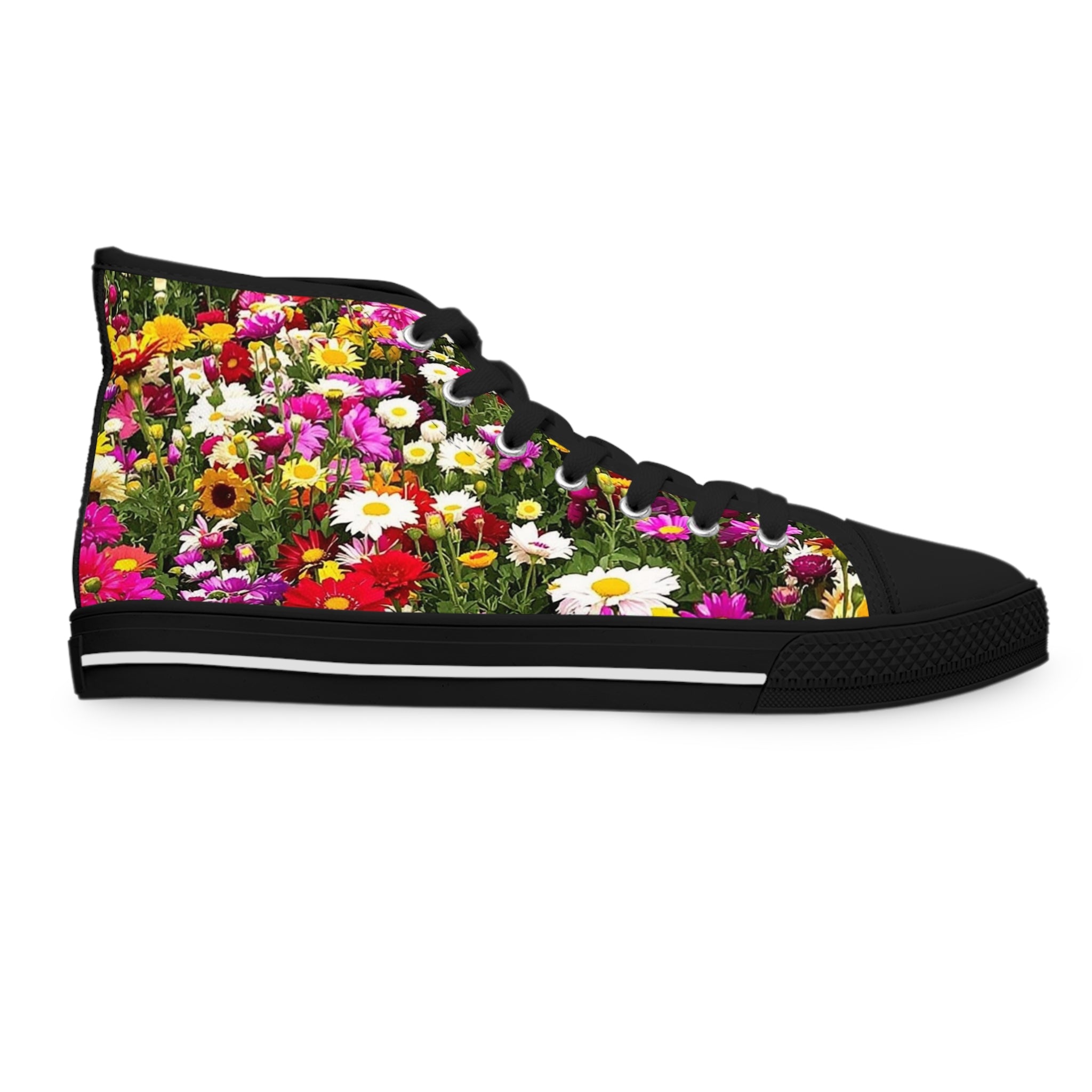 Black high-top sneaker with a vibrant floral pattern.