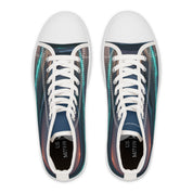 High-top sneakers with a futuristic, glowing blue and orange abstract design.