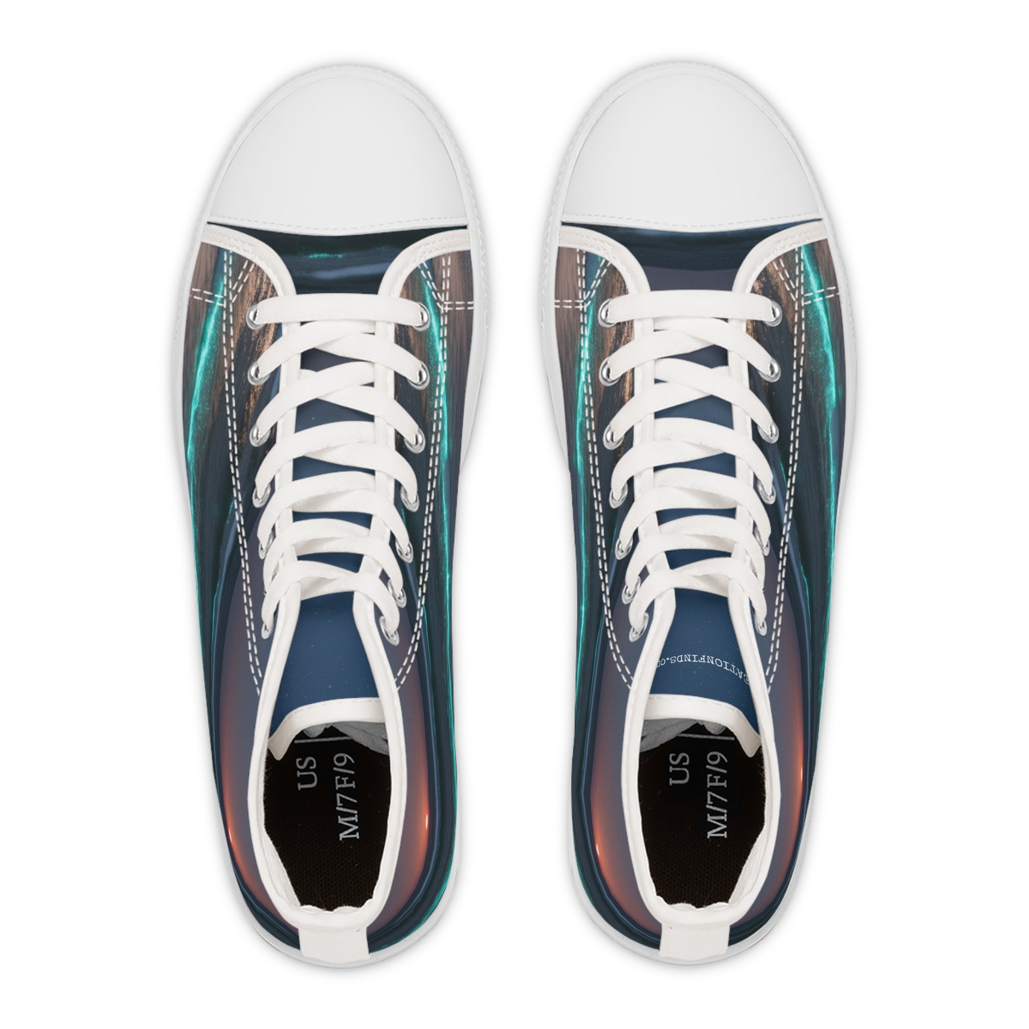 High-top sneakers with a futuristic, glowing blue and orange abstract design.