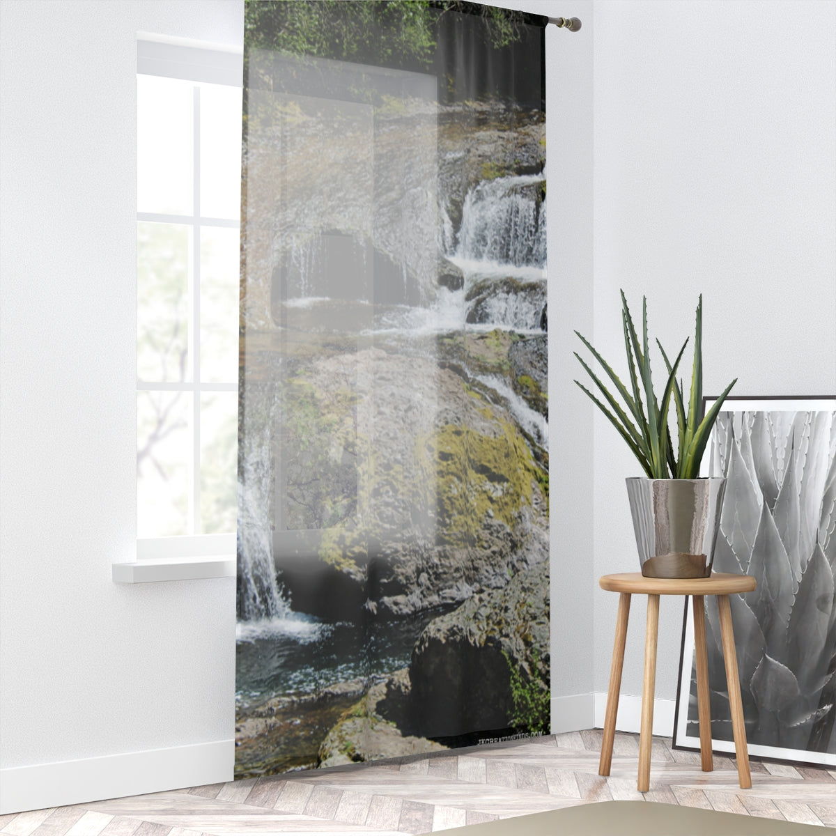Waterfall Window Curtain, Mossy Rocks Home Decor, Serene Nature Scenery, Relaxing Waterfalls, Decorative Window Coverings
