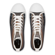 High-top canvas sneakers with a dark, abstract landscape print.