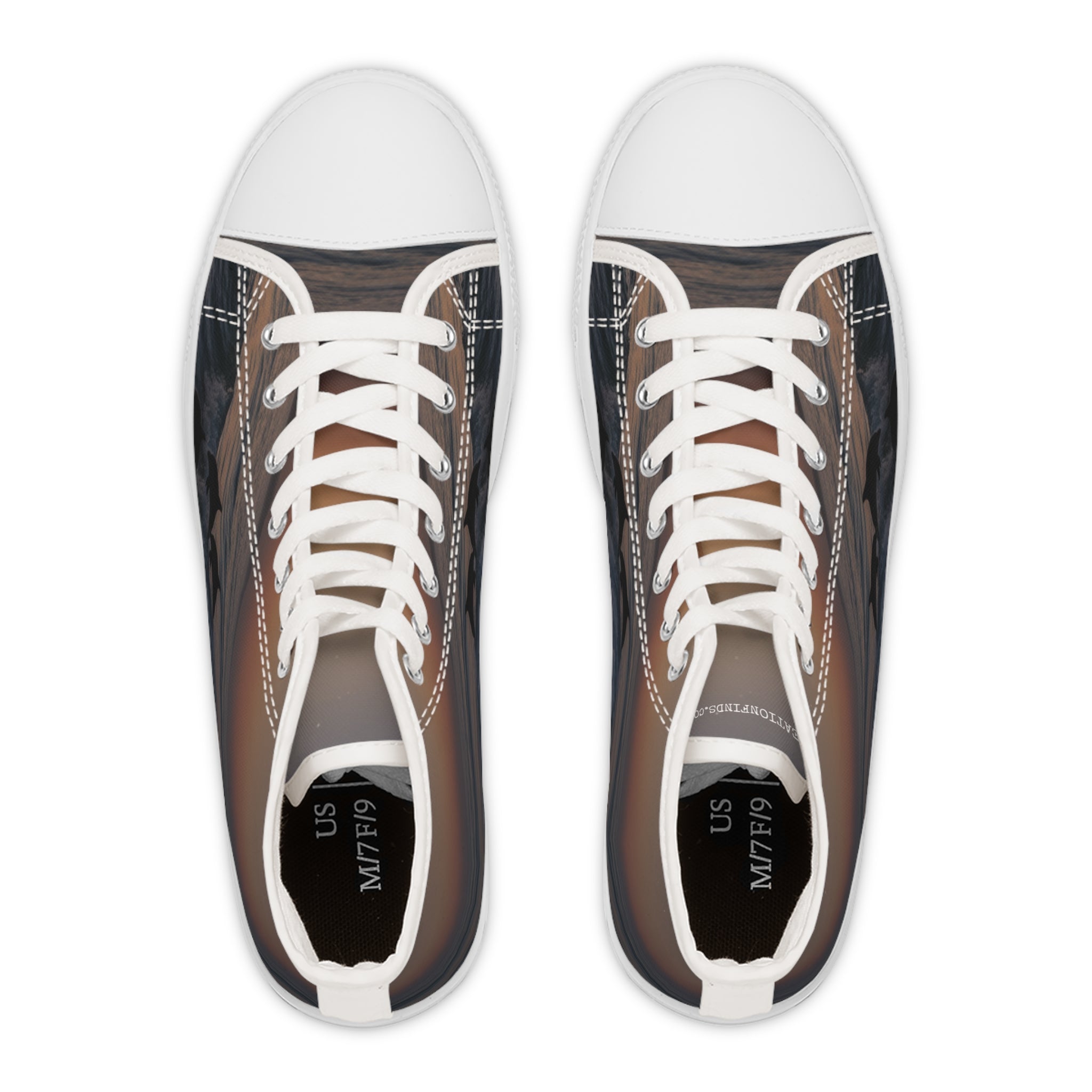 High-top canvas sneakers with a dark, abstract landscape print.