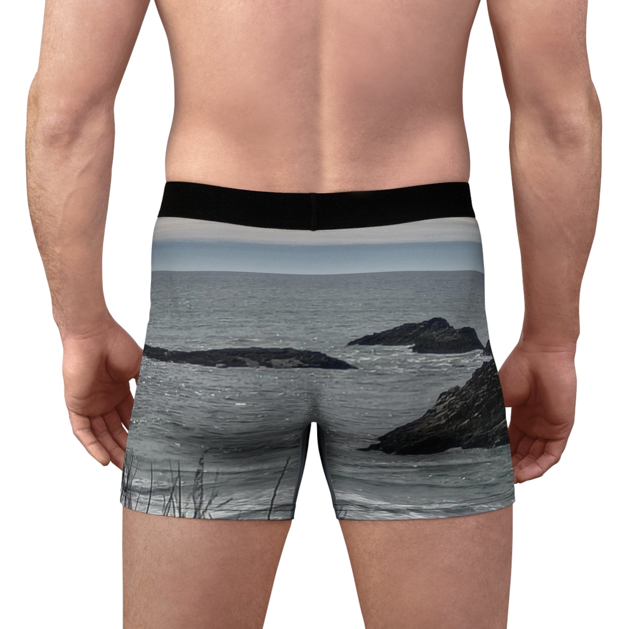 Boxer briefs with a rocky ocean landscape print.