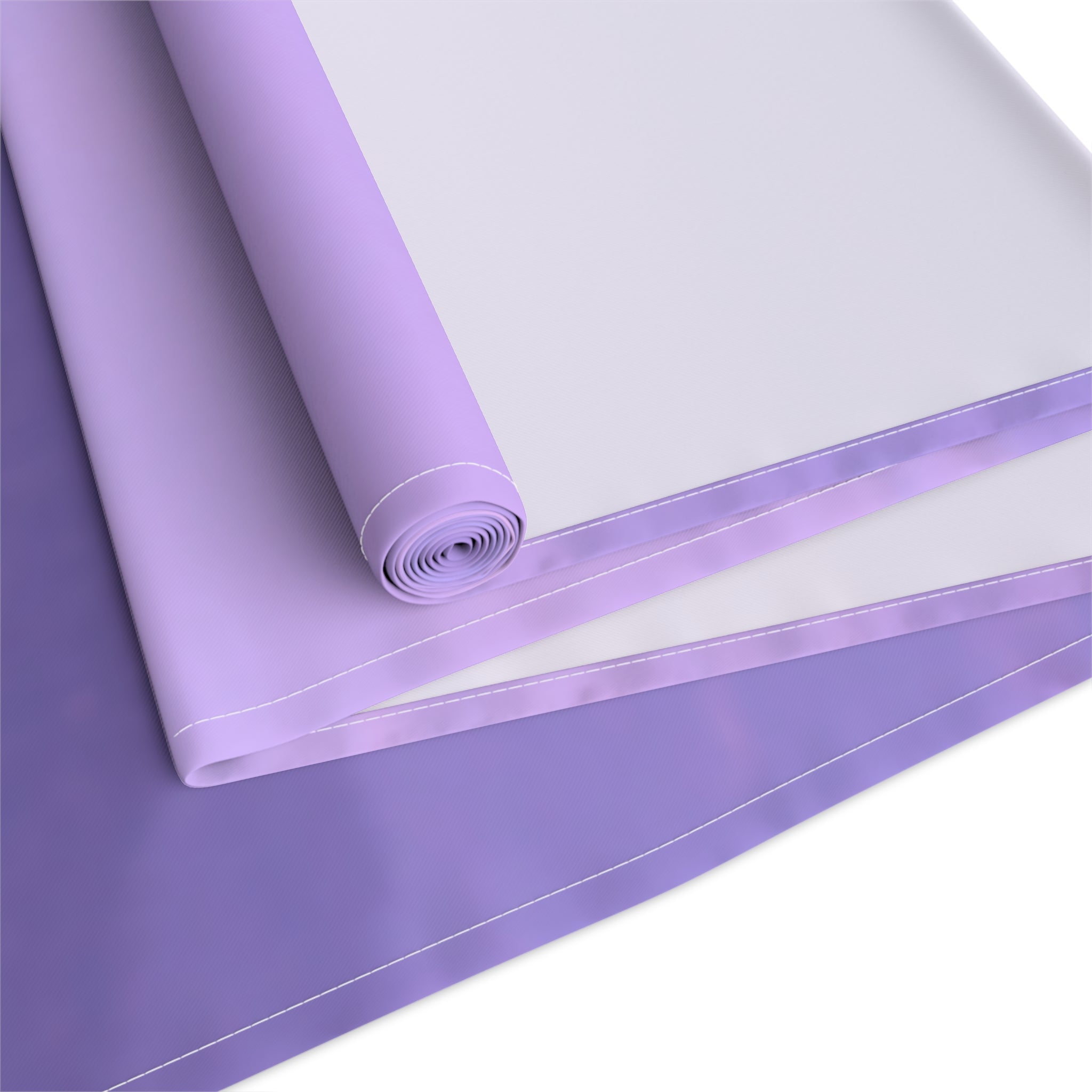 Rolled purple and white fabric with stitched edges, presented on a white background.