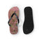 Flip-flops with a pink floral pattern and a black sole.