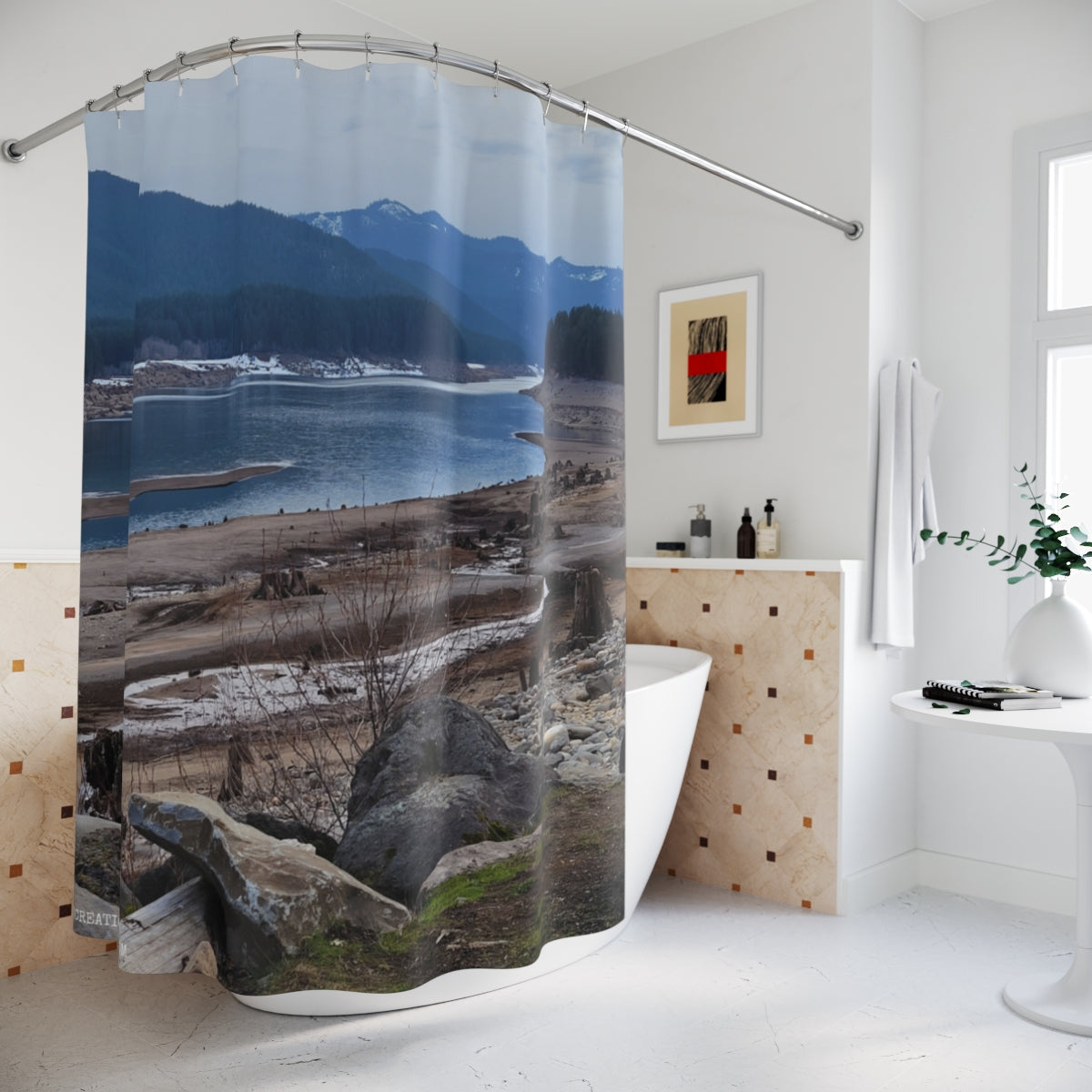 Scenic Mountain Lake View Shower Curtain Product