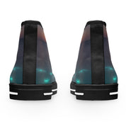 Two high-top sneakers with abstract glowing blue and orange patterns.