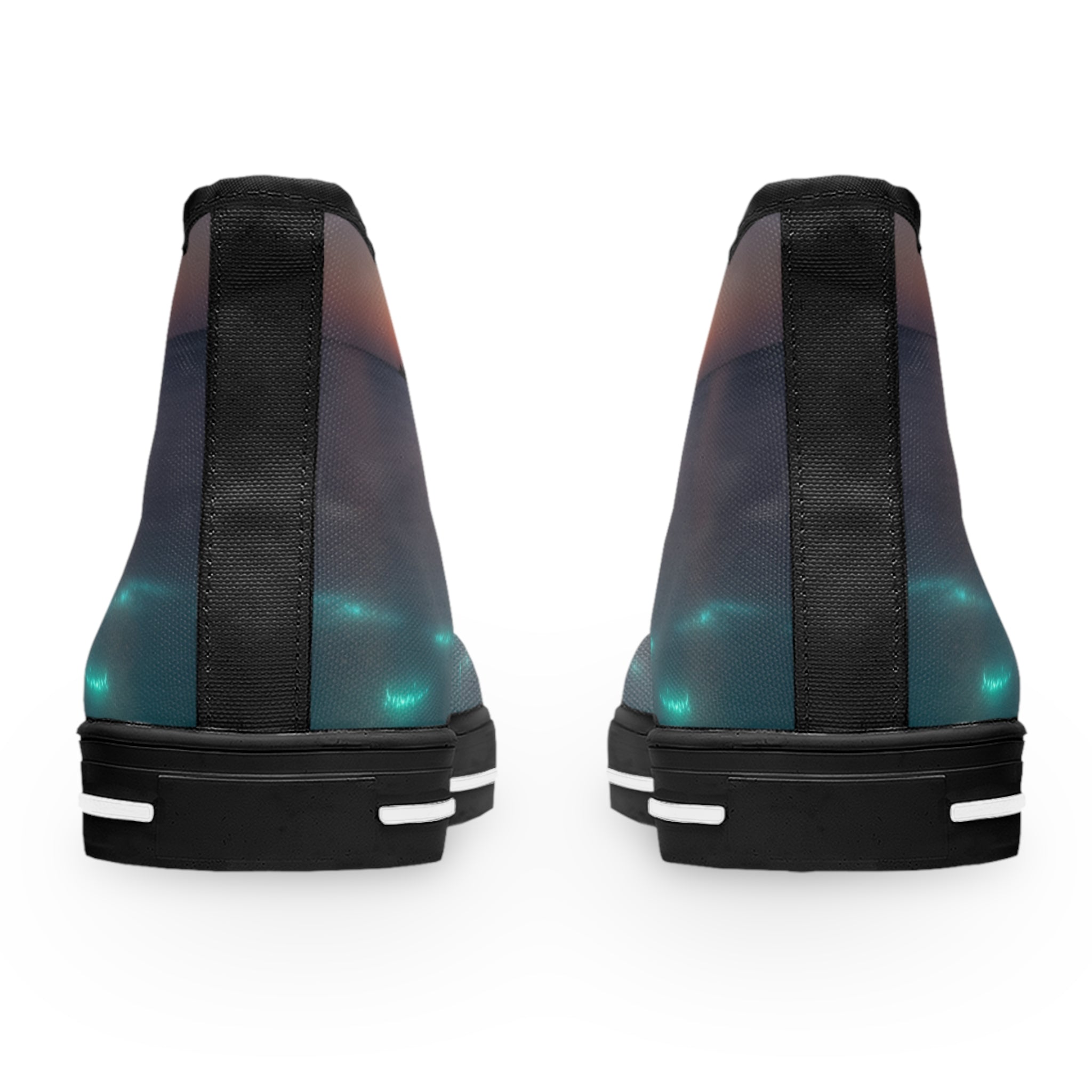 Two high-top sneakers with abstract glowing blue and orange patterns.