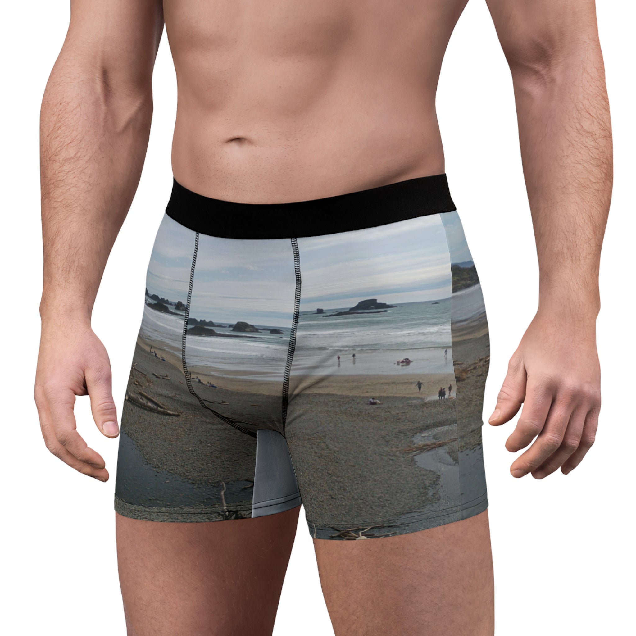 Men's boxer briefs with a beach scene print.