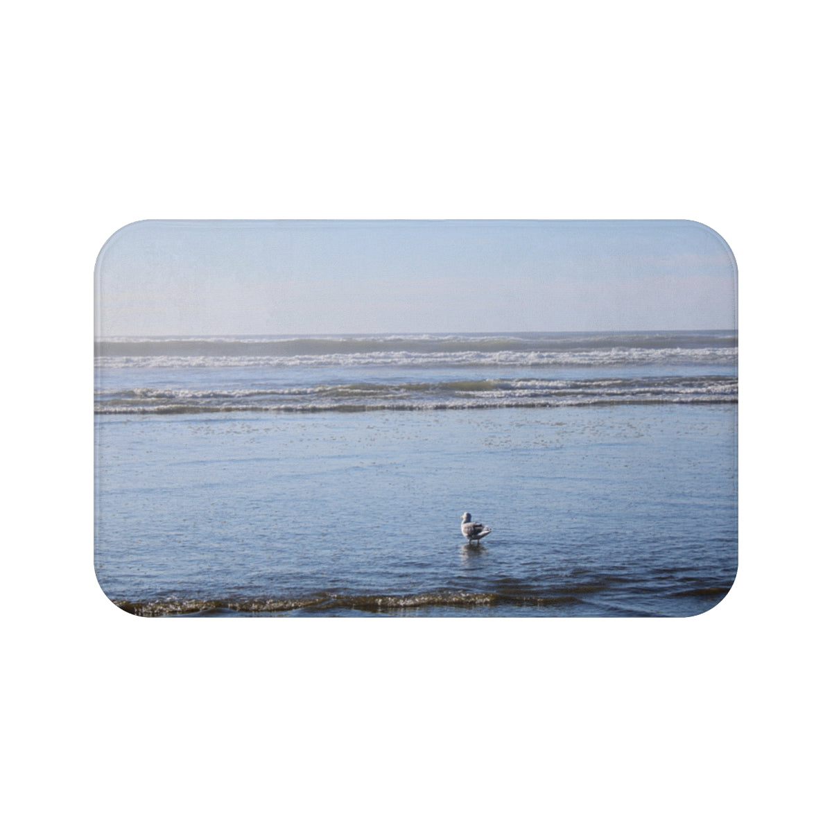 Serene Beach Scene with a Seagull Bath Mat