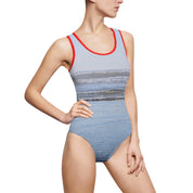 Ocean Wave Print Red Trim One-Piece Swimsuit