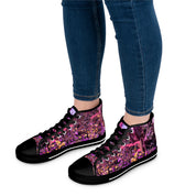 High-top sneakers with a vibrant floral and glitter pattern on a white background.