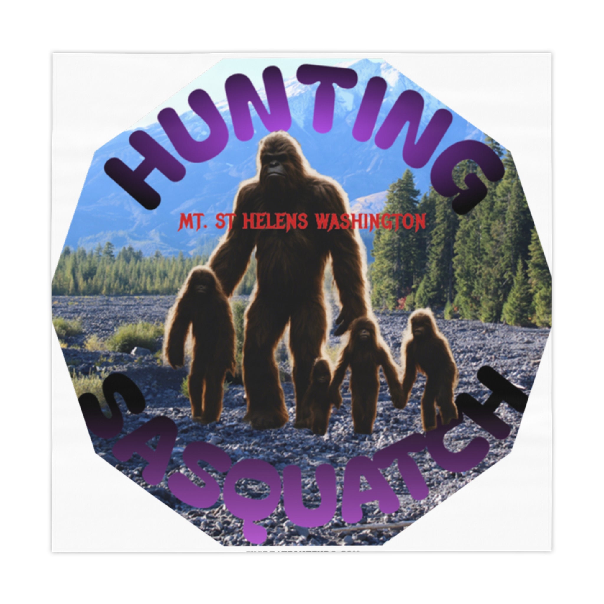 Bigfoot family in forest landscape, Mt. St. Helens Washington text.