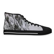 Black high-top sneaker with a snow-covered evergreen tree pattern.