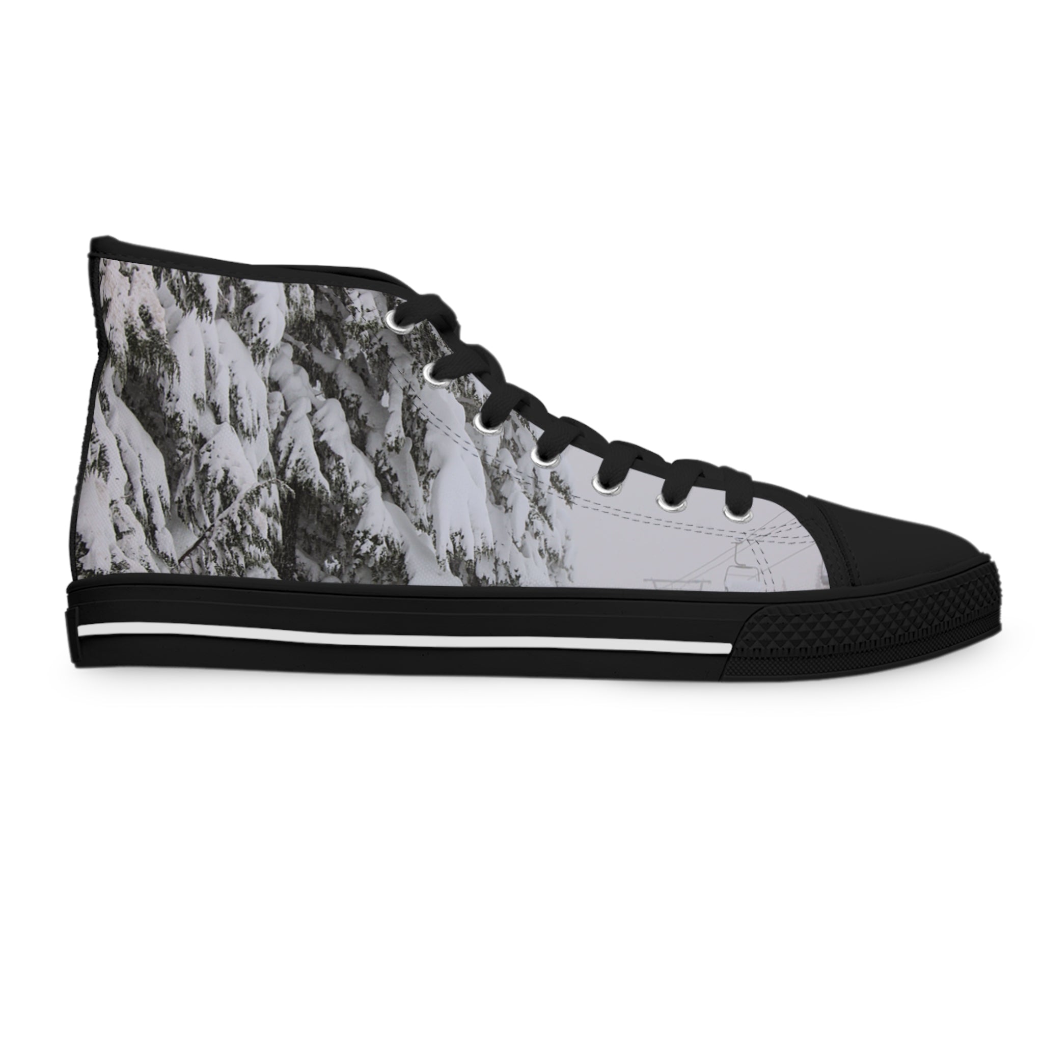 Black high-top sneaker with a snow-covered evergreen tree pattern.