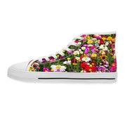 High-top sneaker with a vibrant floral pattern on a white background.