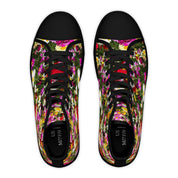 High-top sneakers with a vibrant floral pattern and black laces.