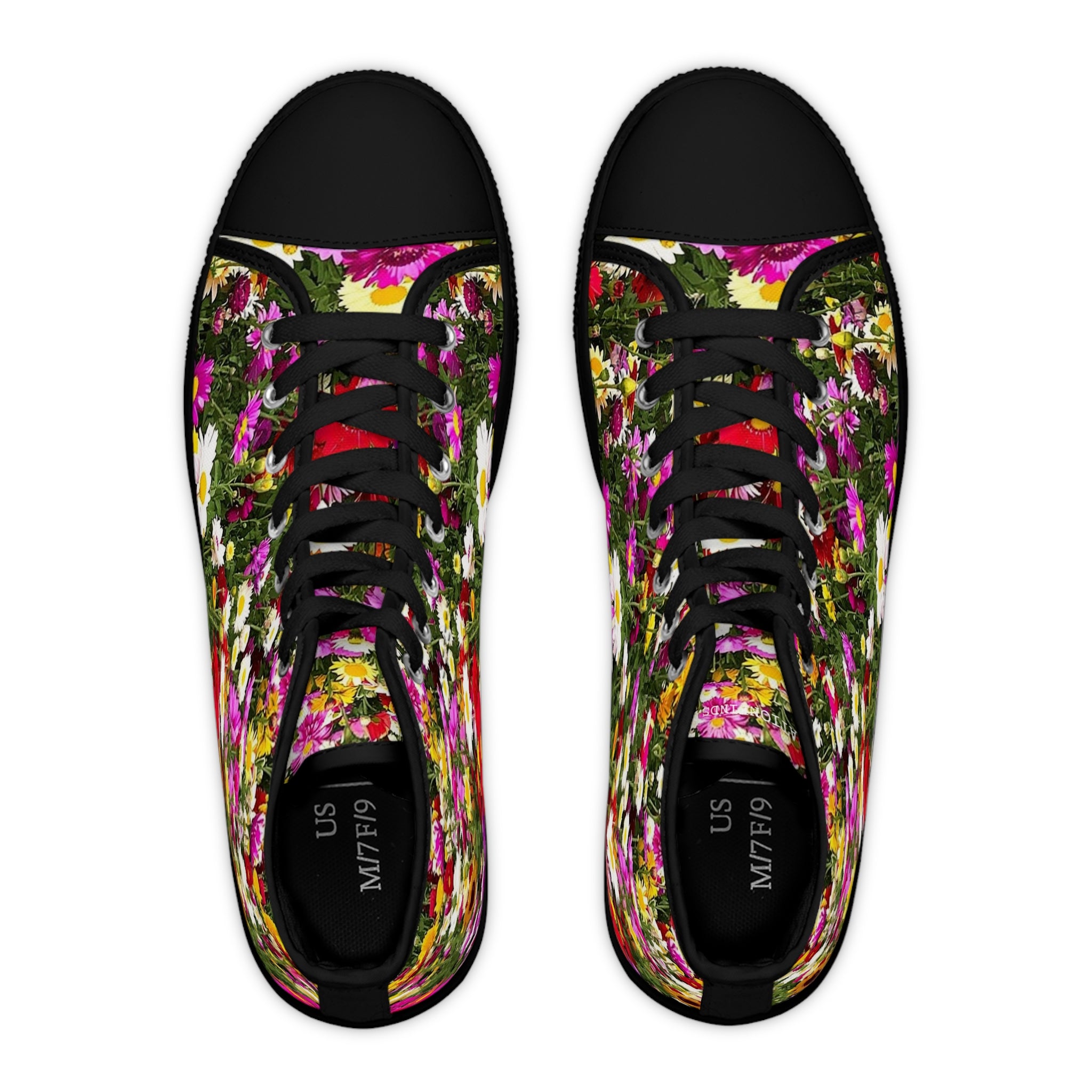 High-top sneakers with a vibrant floral pattern and black laces.