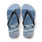 Flip-flops with a beach and ocean scene printed on the footbeds.