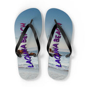 Flip-flops with "LAGUNA BEACH" text over a beach scene.