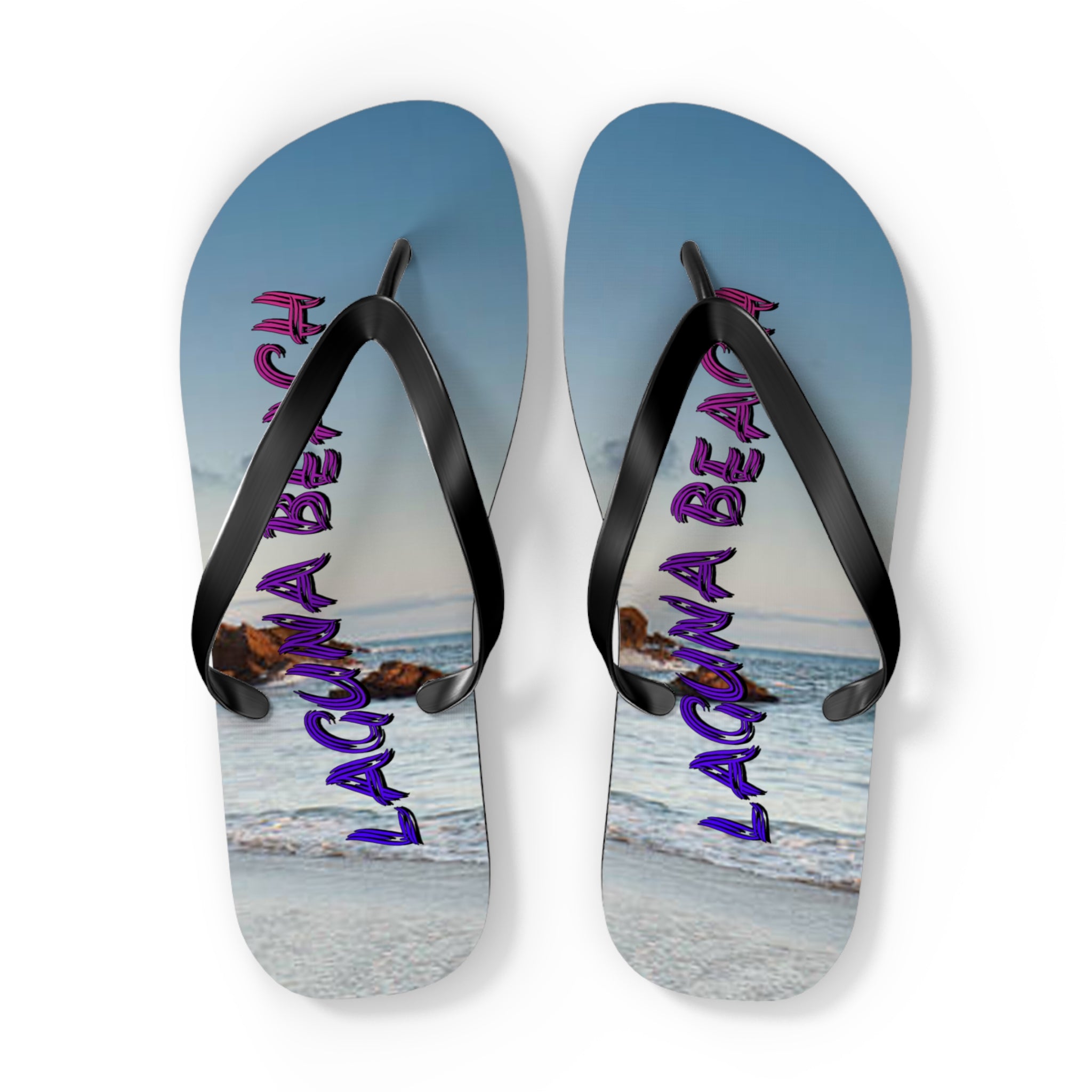 Flip-flops with "LAGUNA BEACH" text over a beach scene.