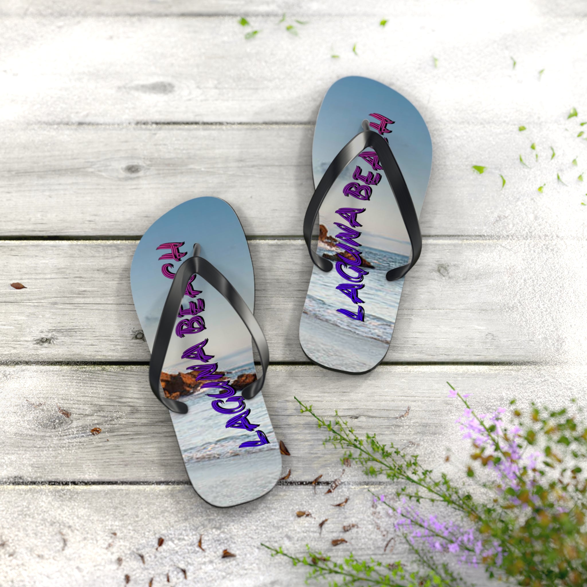 Flip-flops with "LAGUNA BEACH" text and a beach scene.