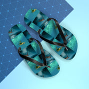 Flip-flops with a repeating pattern of sea turtles swimming in ocean water.
