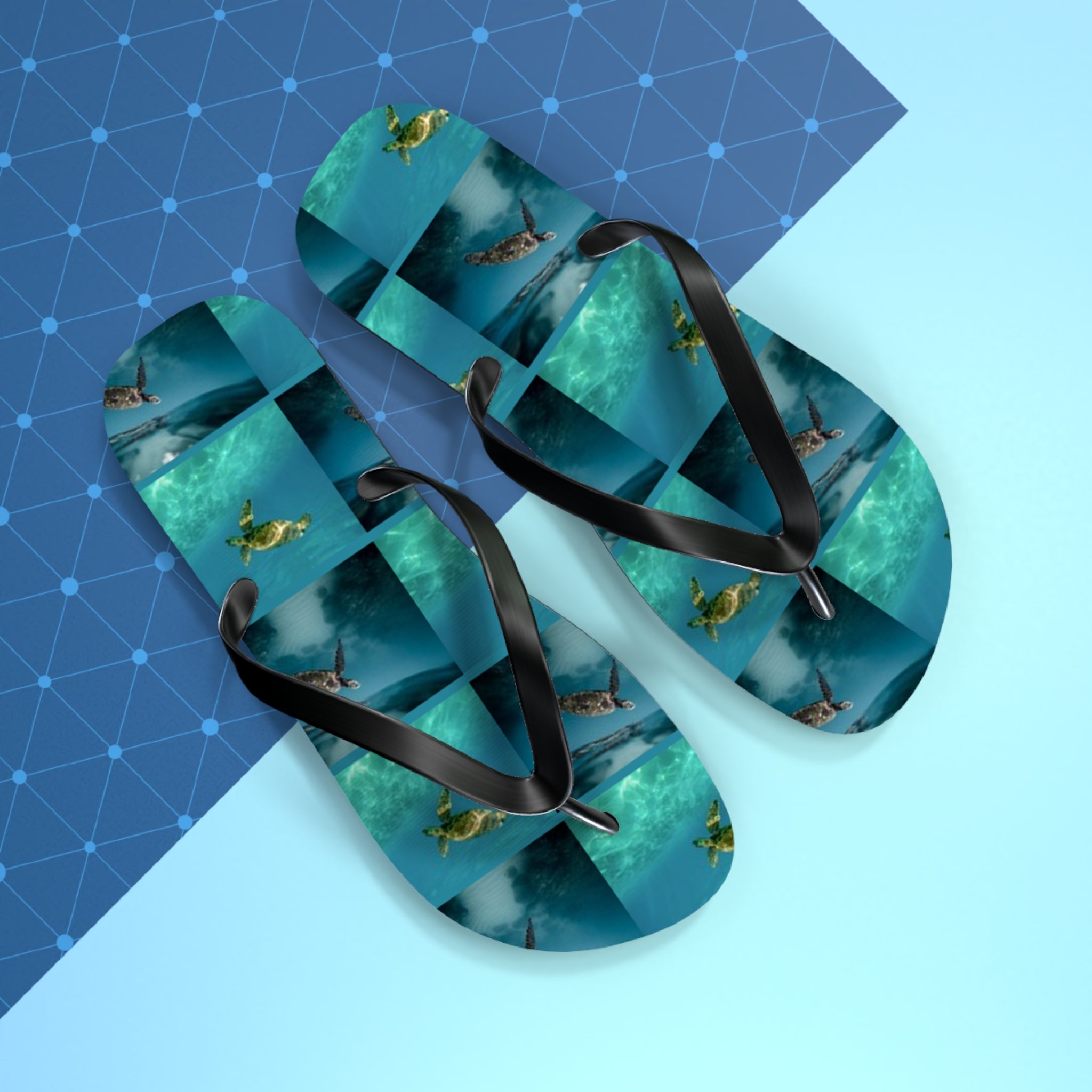 Flip-flops with a repeating pattern of sea turtles swimming in ocean water.