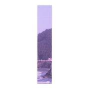 Scarf with a scenic coastal landscape and a white house.