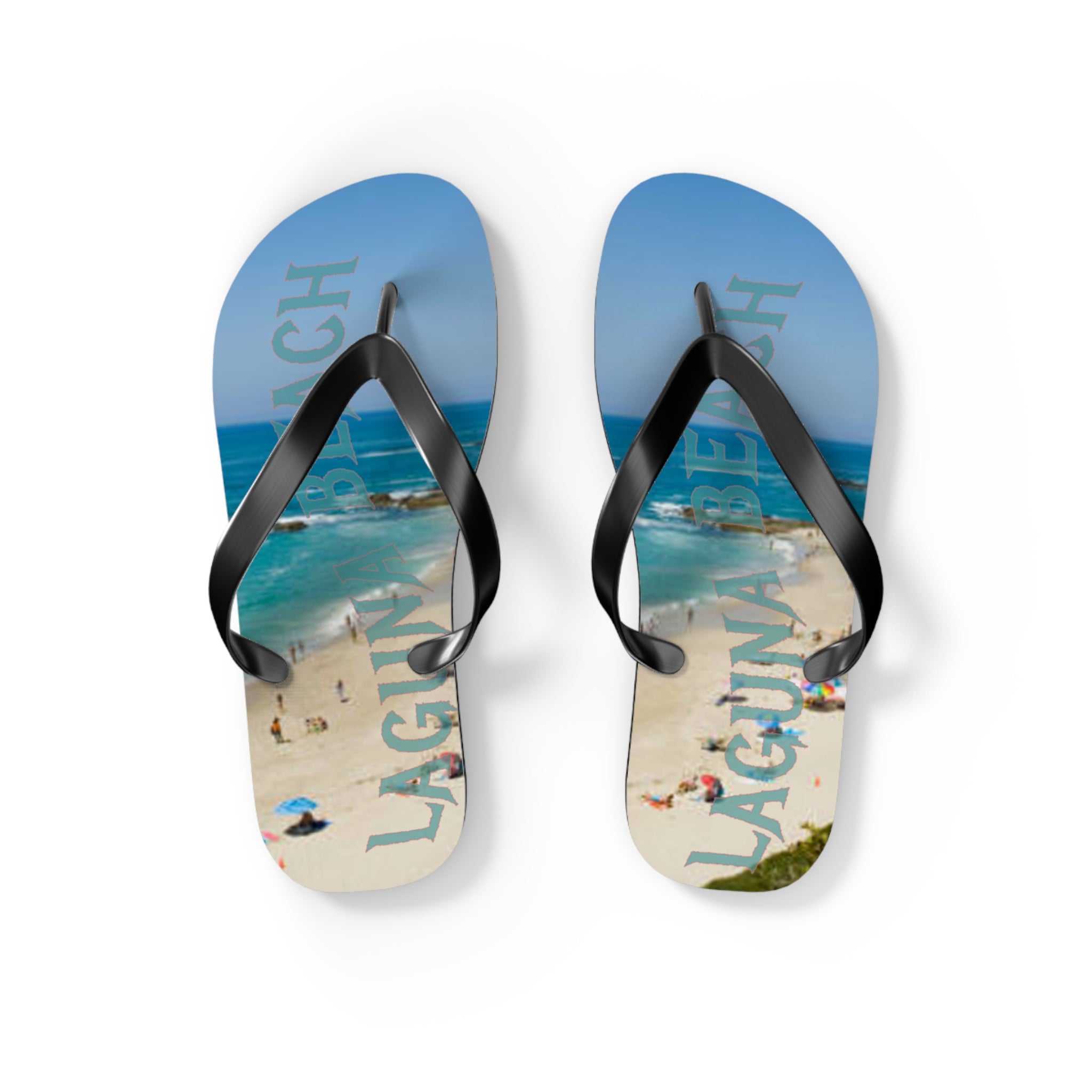 Laguna Beach flip-flops with people on a sandy beach and ocean.
