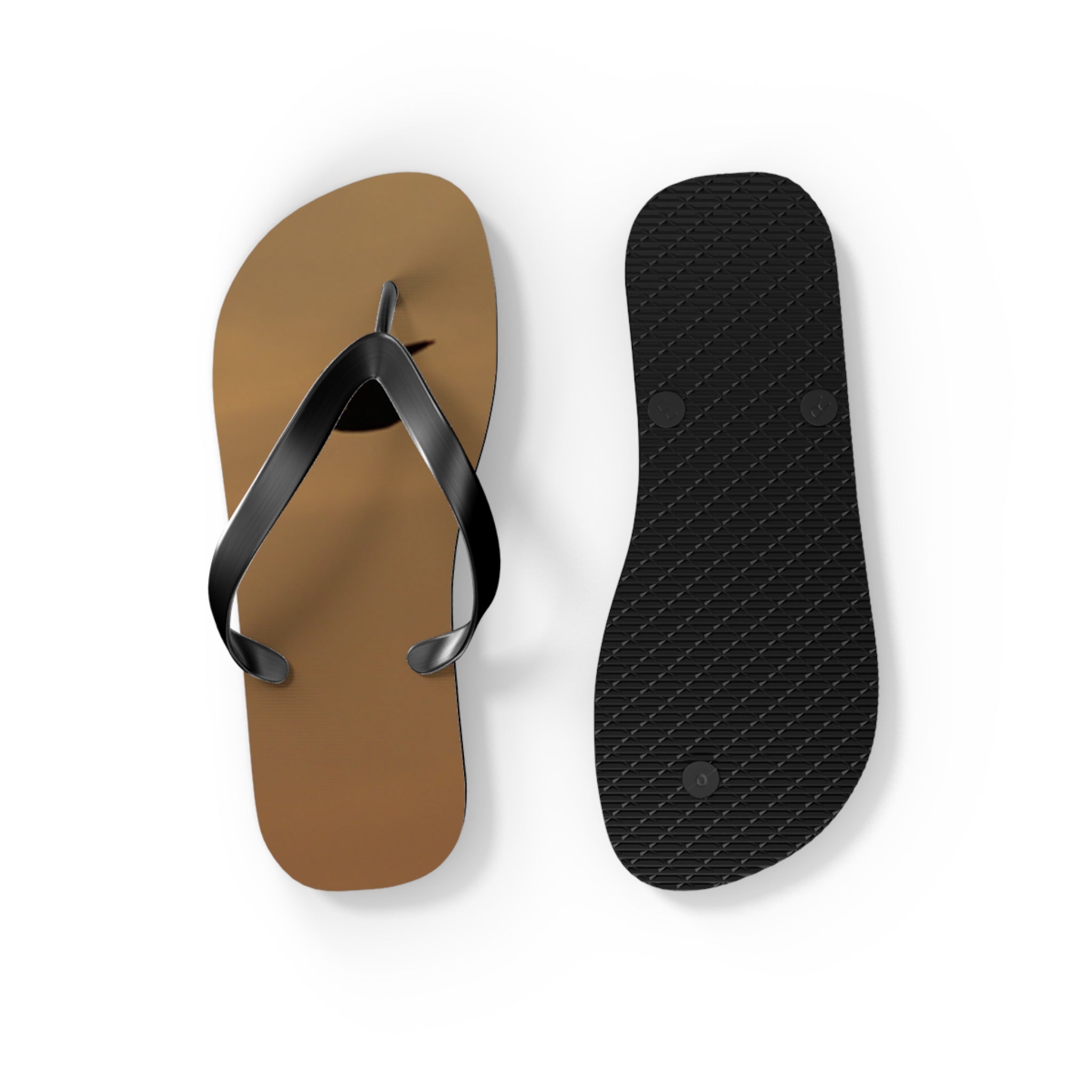 Brown flip-flops shown from top and bottom with white background.