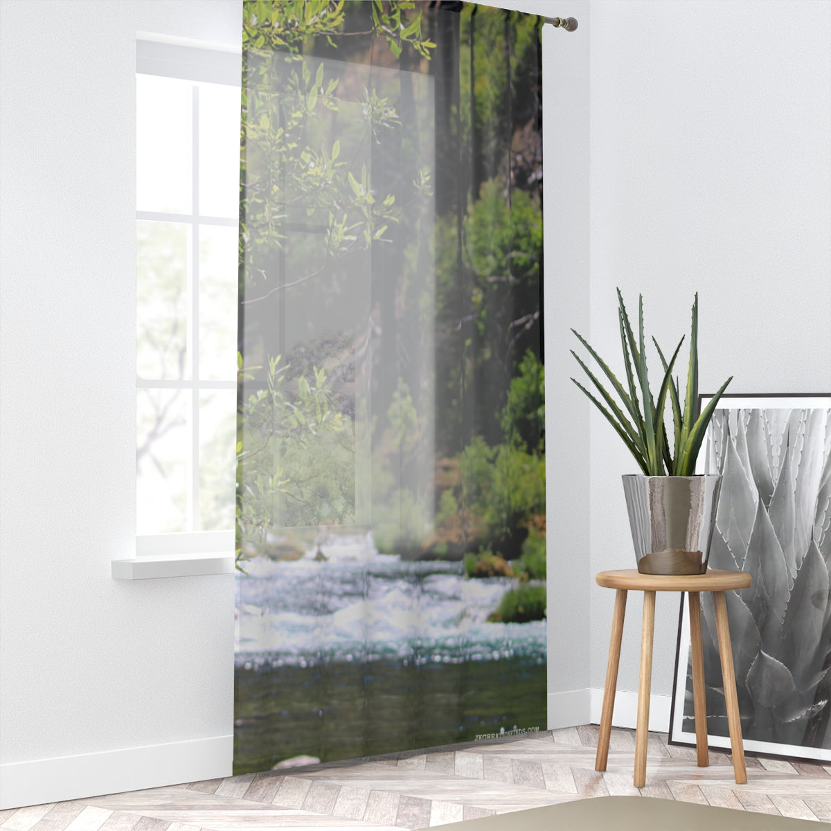 River Window Curtain, Nature Landscape Home Decor, Water Flowing Sunlight, Forest Scene Drape, Scenic View Window Covering, Indoor Outdoor