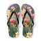 Flip-flops with a floral pattern featuring pink tulips and daffodils.