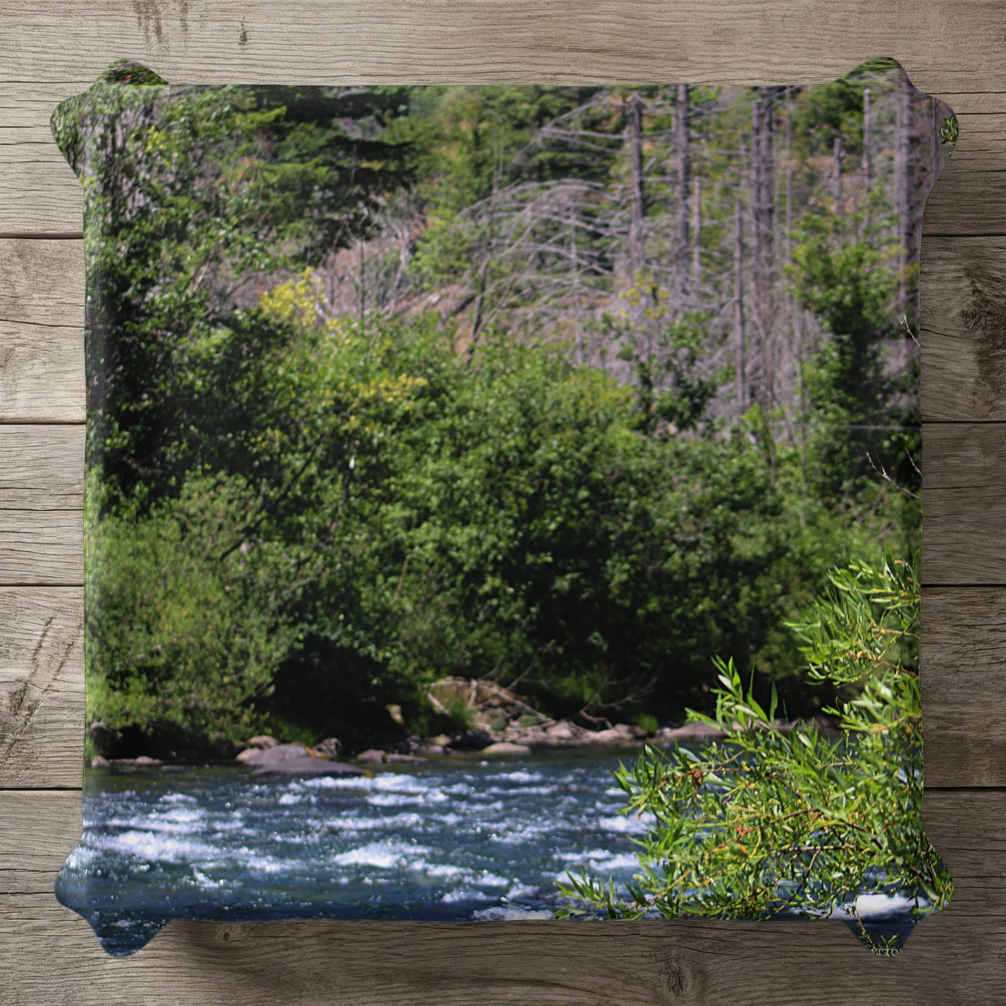 River flowing through a lush green forest with tall trees.