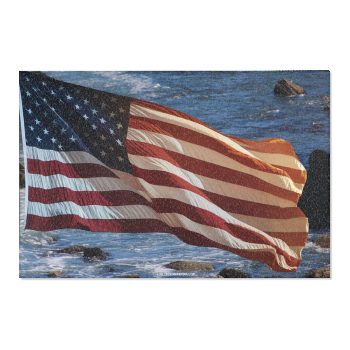 Vibrant American Flag Waving Over Ocean Art Print