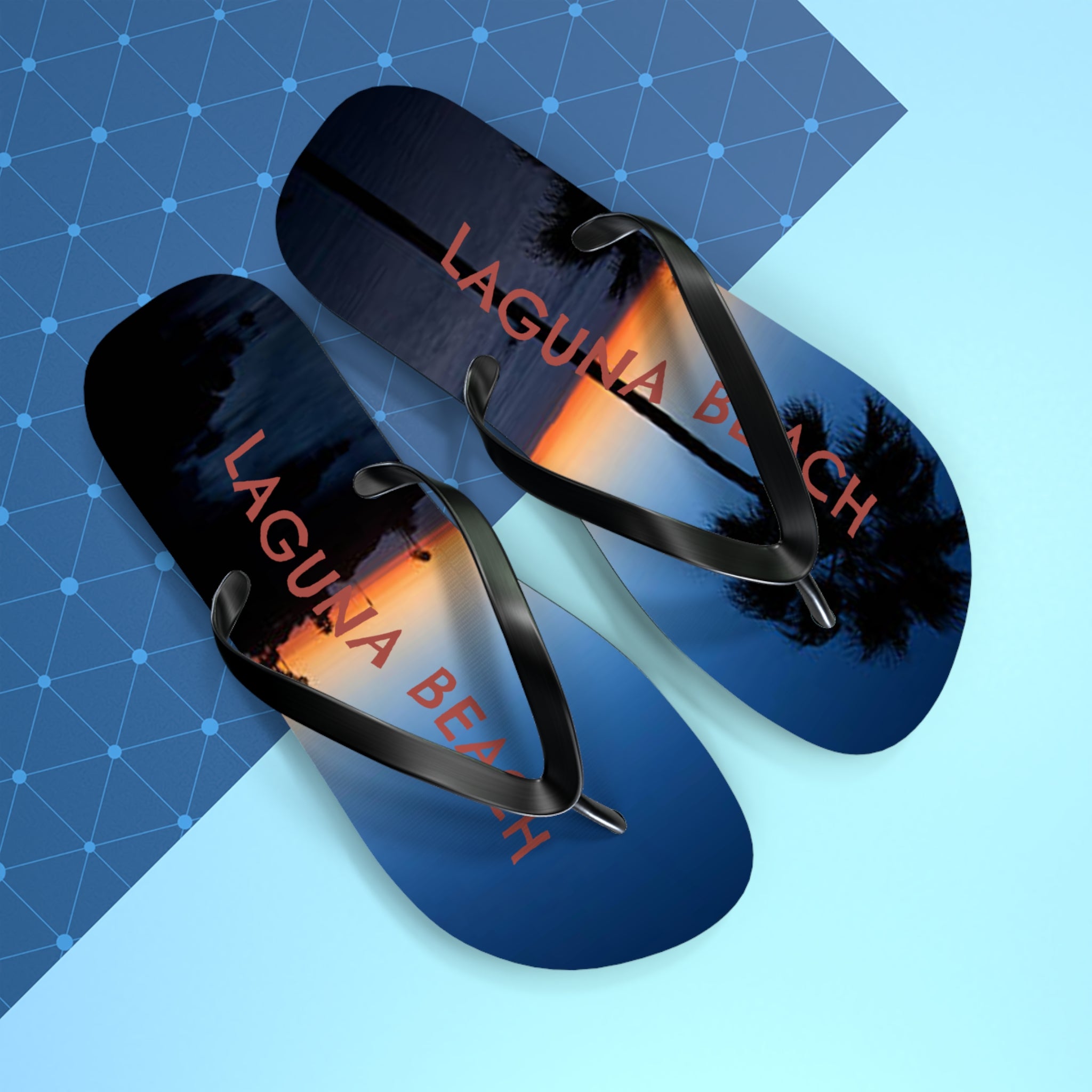 Flip flops with "LAGUNA BEACH" text and a sunset beach scene.
