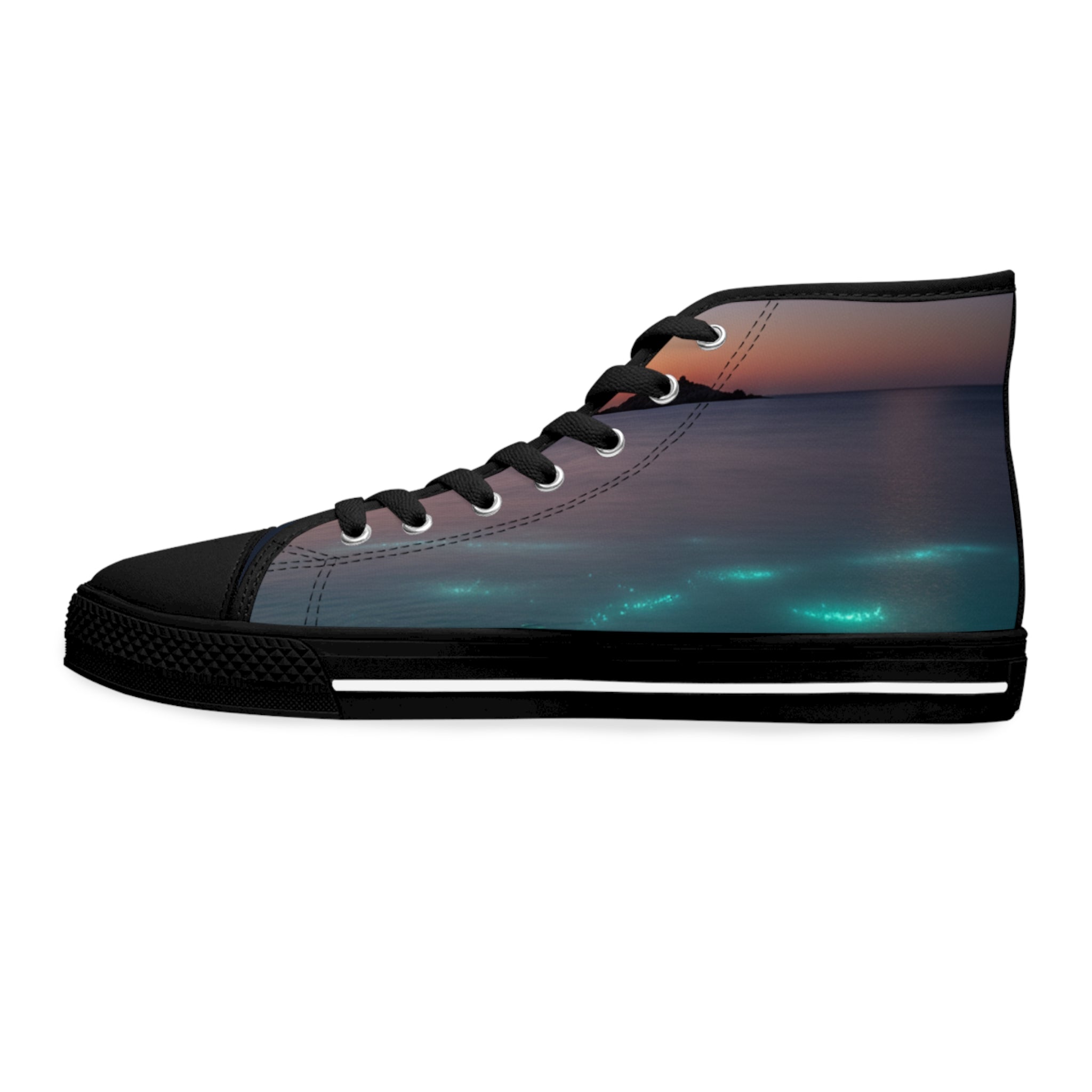 High-top sneaker with bioluminescent ocean waves at sunset graphic.
