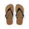Brown flip-flops with black straps on a white background.