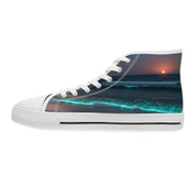 High-top sneakers featuring a sunset ocean wave graphic.