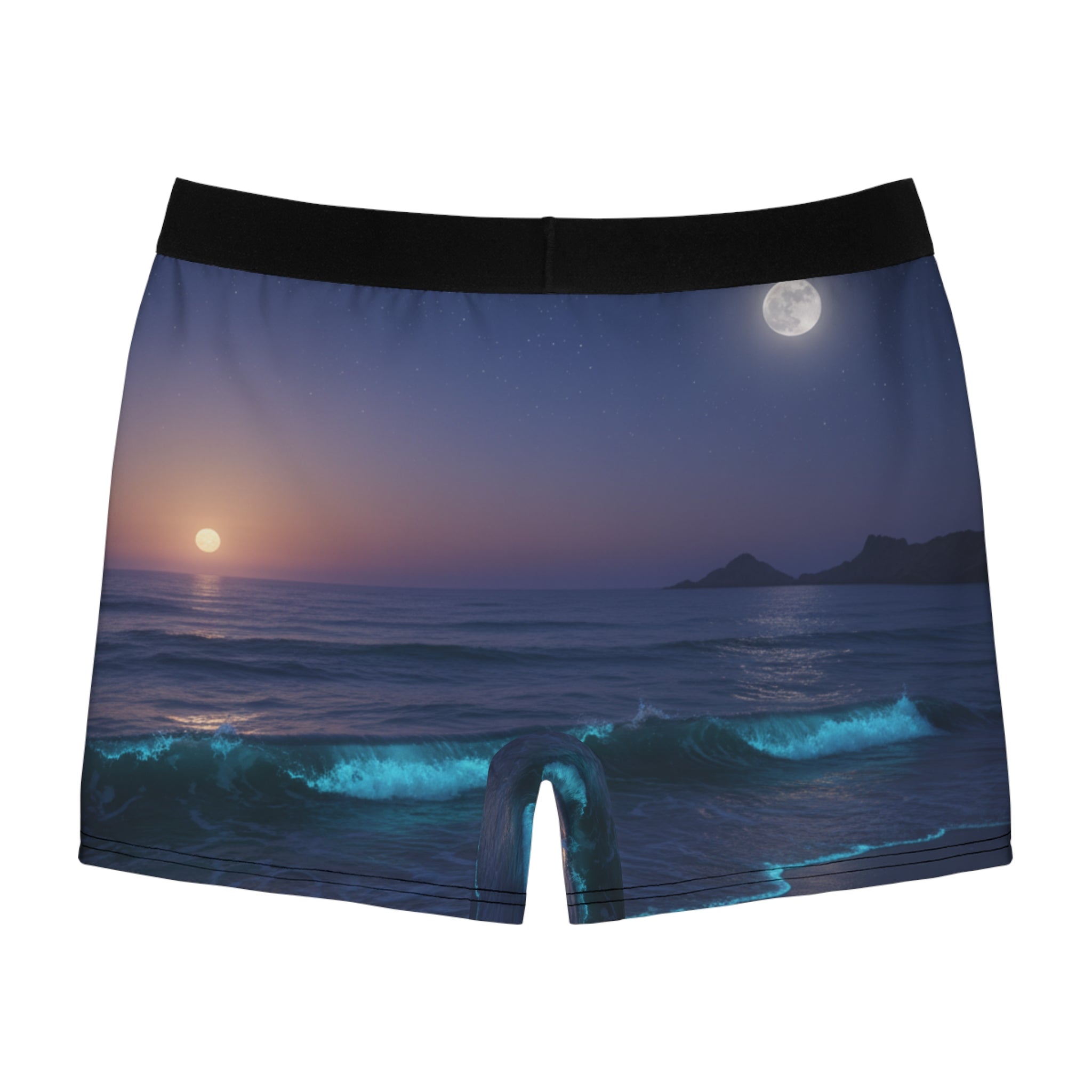 Boxer briefs with a vibrant ocean sunset scene and full moon.