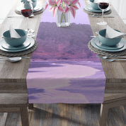 Table runner with purple landscape reflection and "JKCREATIONFINDS.COM" watermark.
