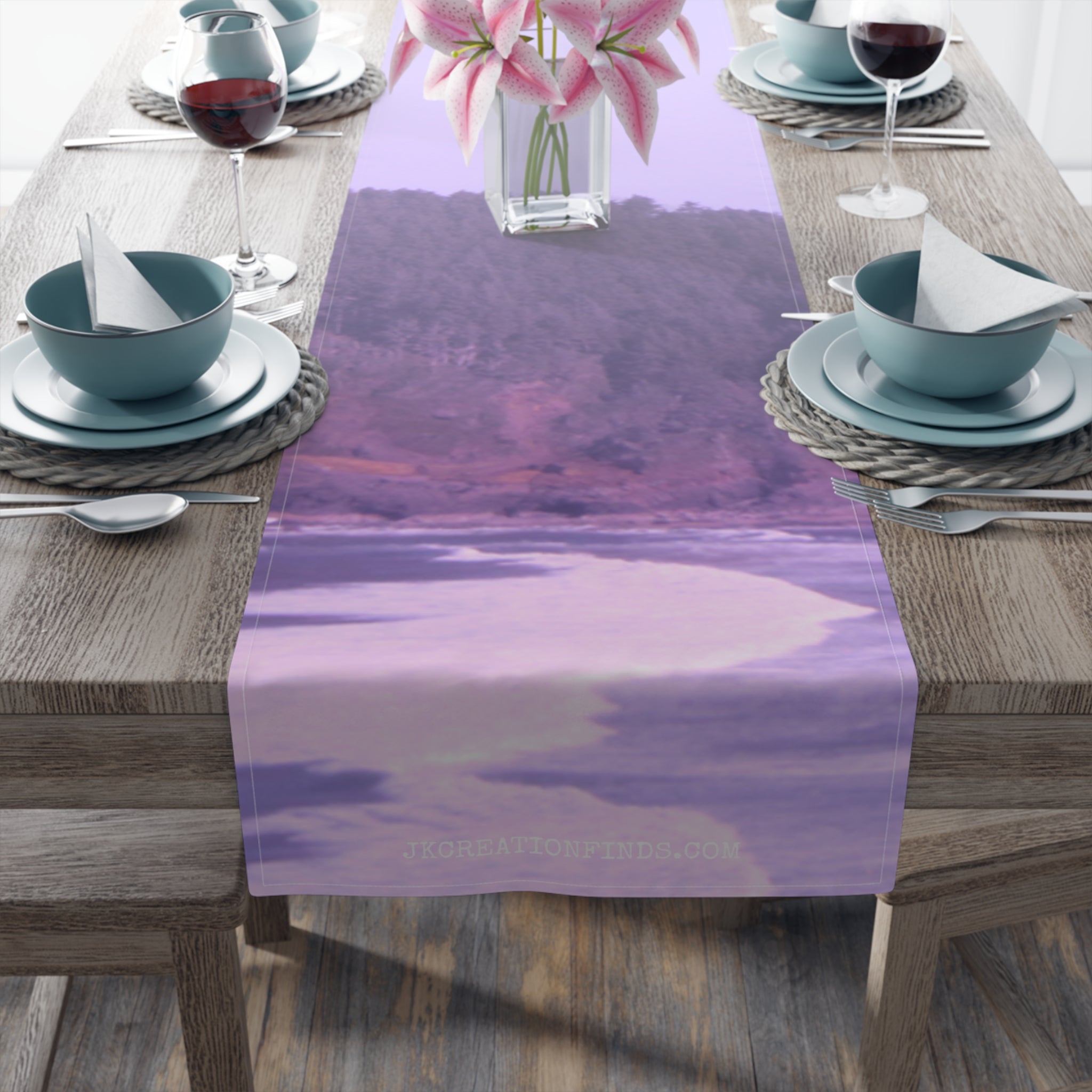 Table runner with purple landscape reflection and "JKCREATIONFINDS.COM" watermark.