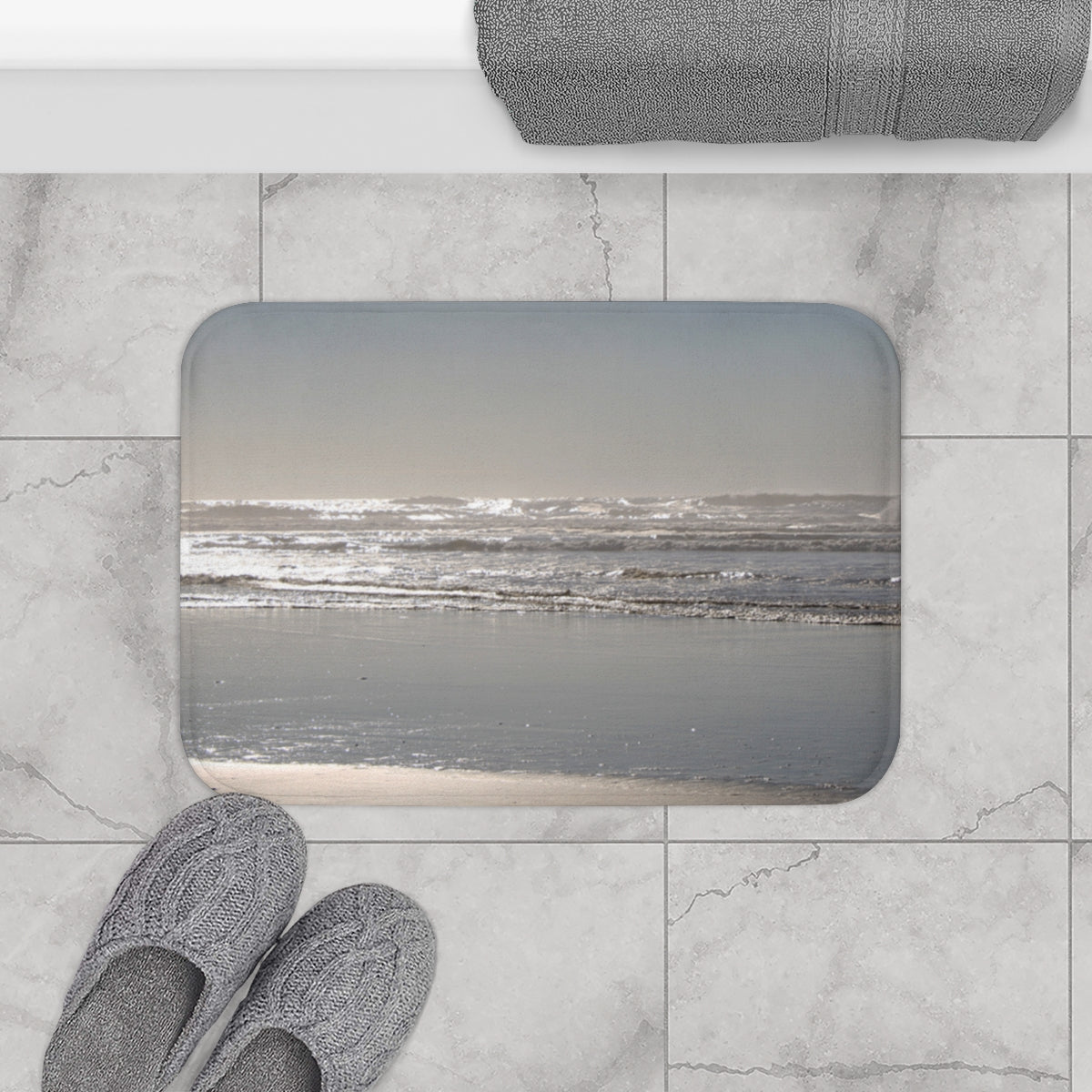Serene Beach Scene by the Ocean Bath Mat