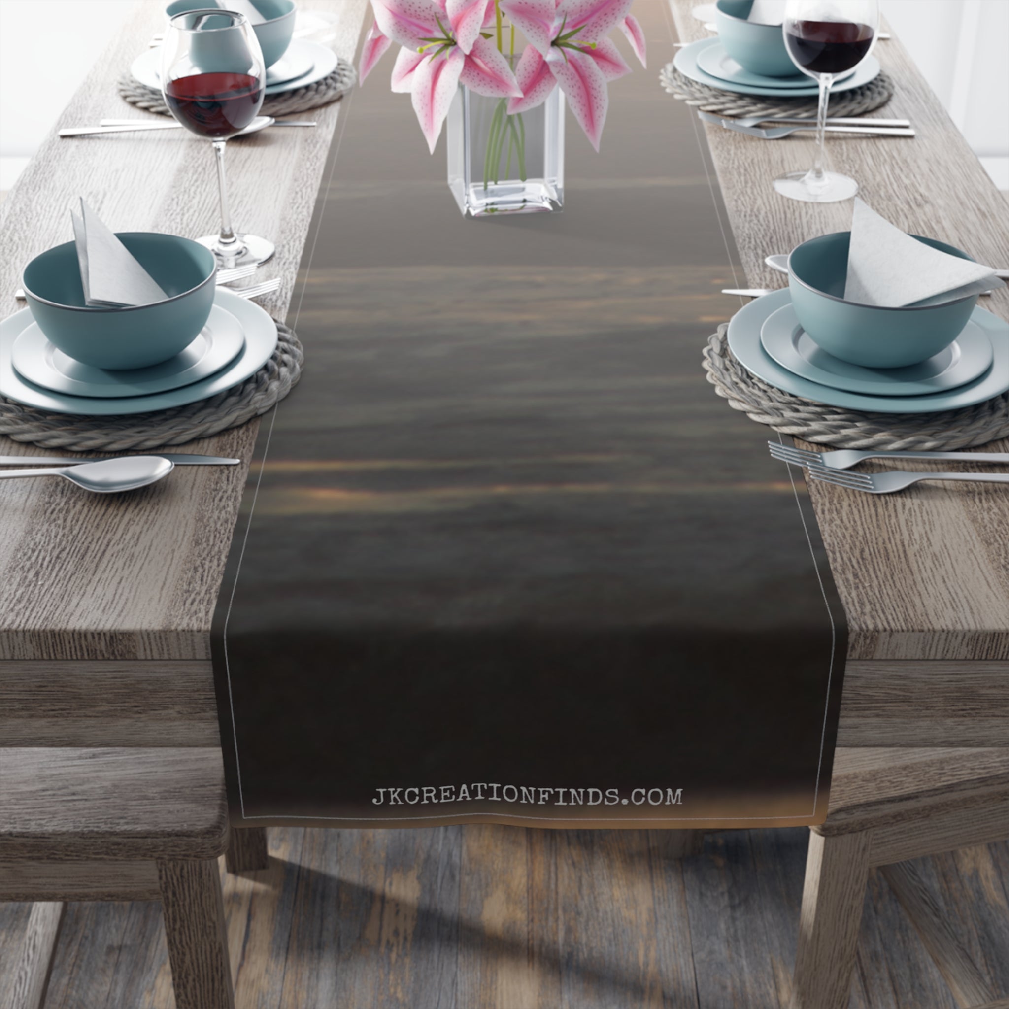 Table runner with a water-themed print and "JKCREATIONFINDS.COM" watermark.