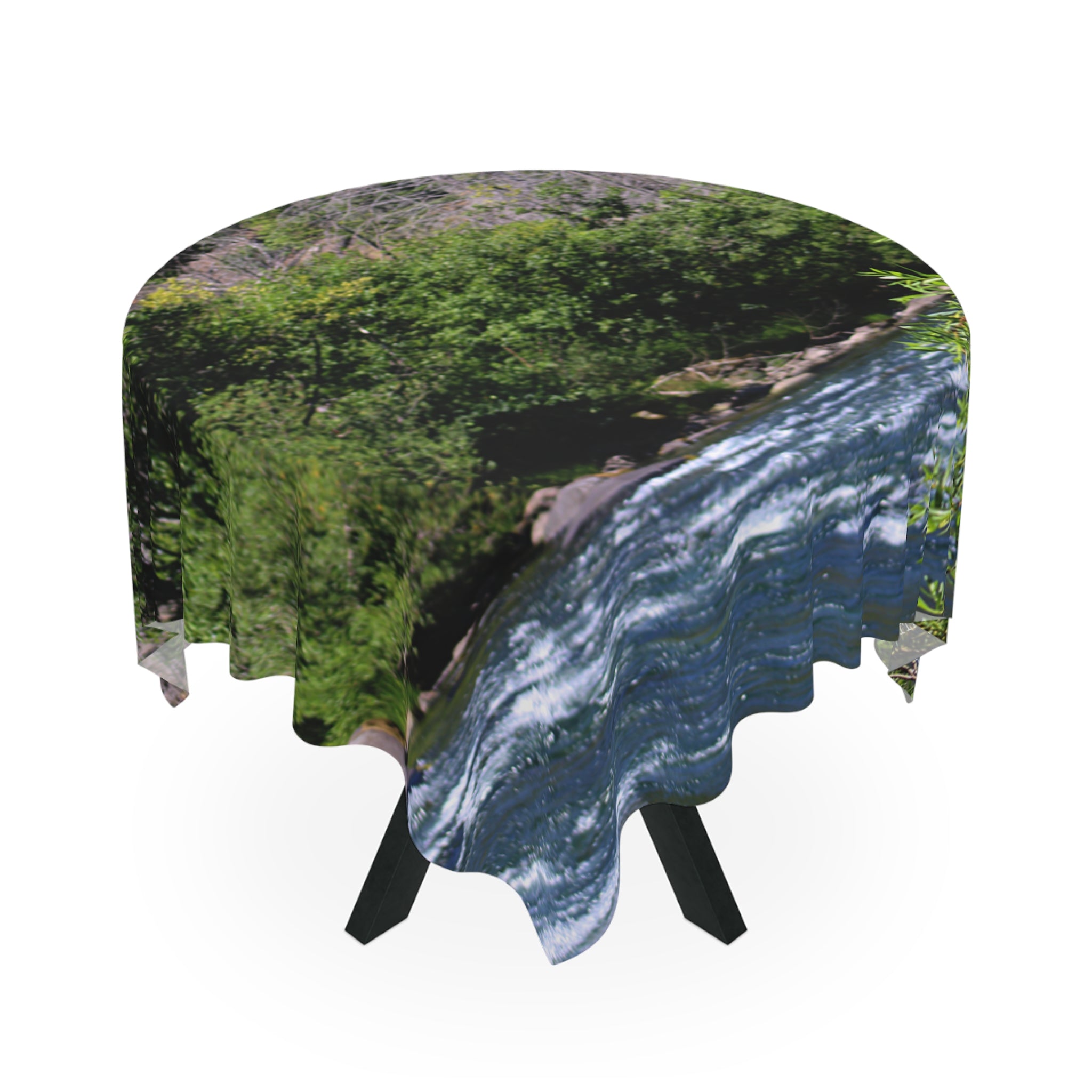 Round tablecloth with a realistic flowing water and forest scene.