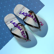 Flip-flops with "LAGUNA BEACH" text on a blue geometric background.