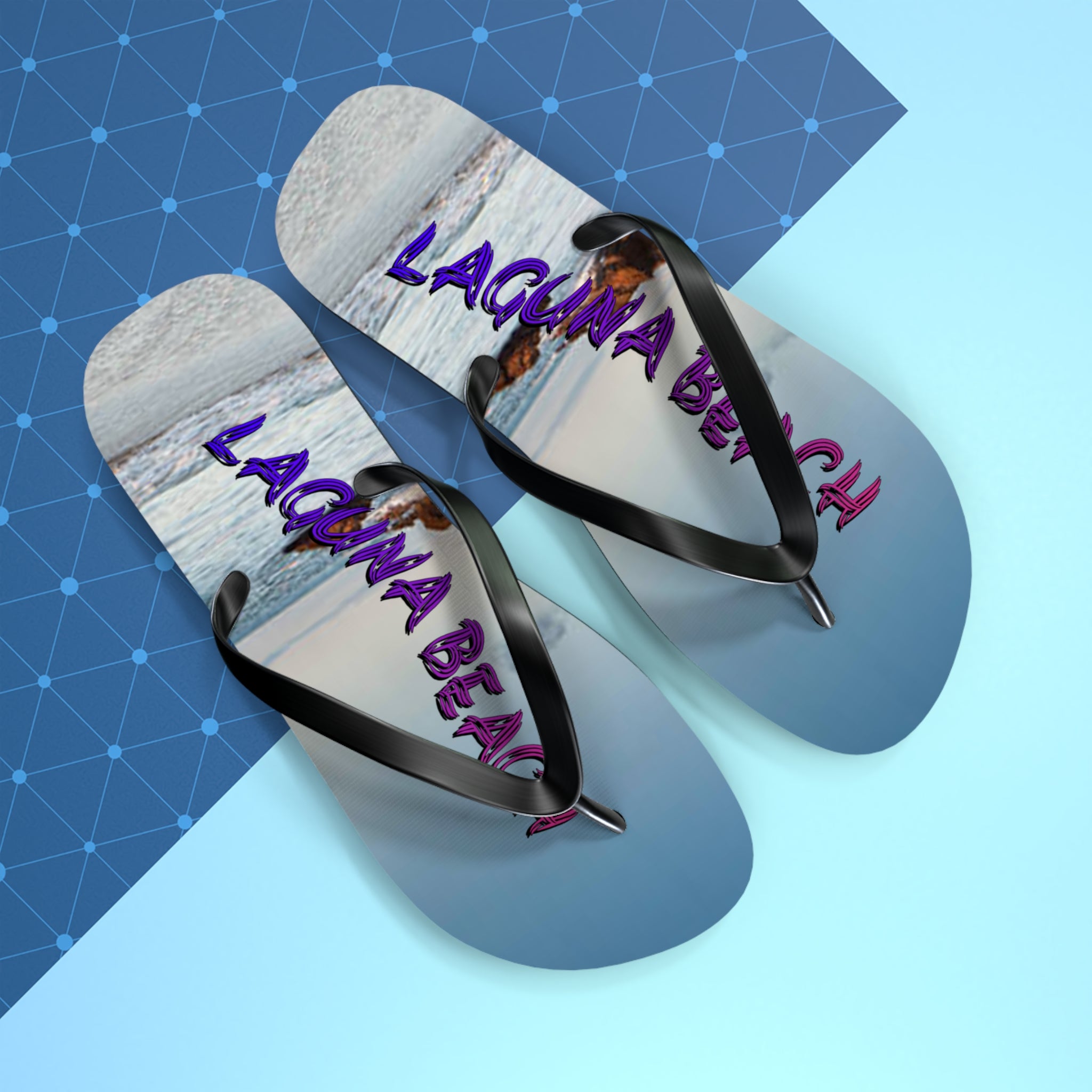 Flip-flops with "LAGUNA BEACH" text on a blue geometric background.