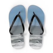 Blue flip-flops with a beach and ocean scene.